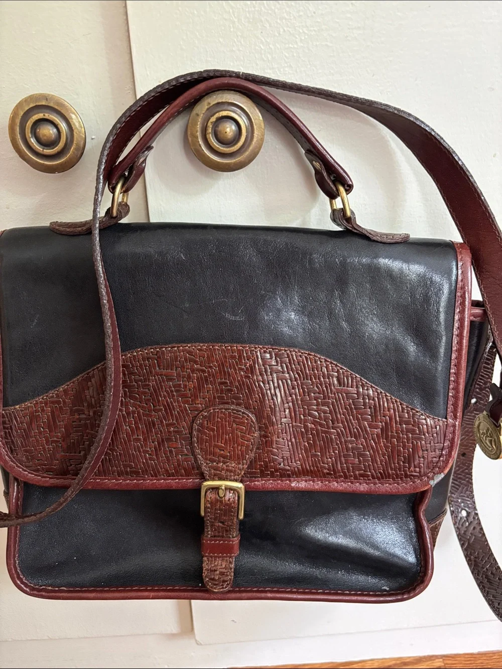 Brown and Black Leather hand Bag - Classic Two-Tone Design